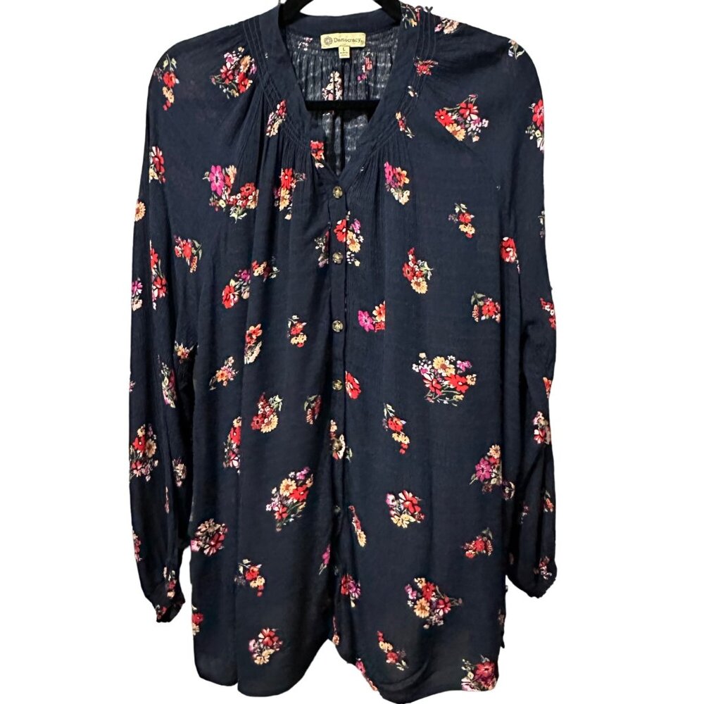 Democracy size L navy floral smocked neck and cuffs long sleeve Boho poet top